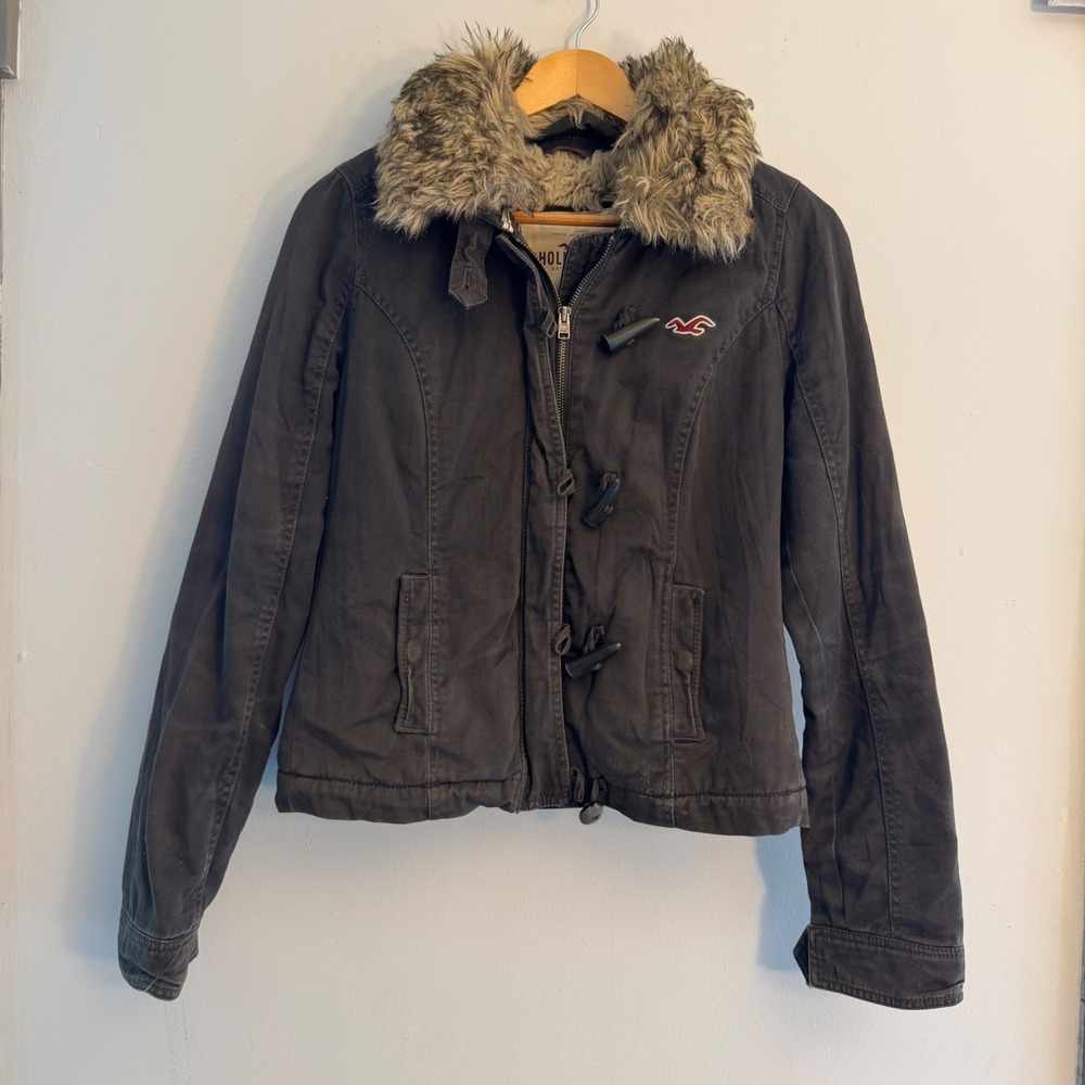 Hollister Y2K Toggle Jacket Faux Fur Lined Canvas Coat Dark Gray Small